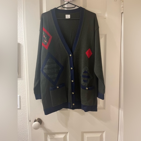 men’s vintage dark green and navy v neck button up oversized retro cardigan - Picture 1 of 7